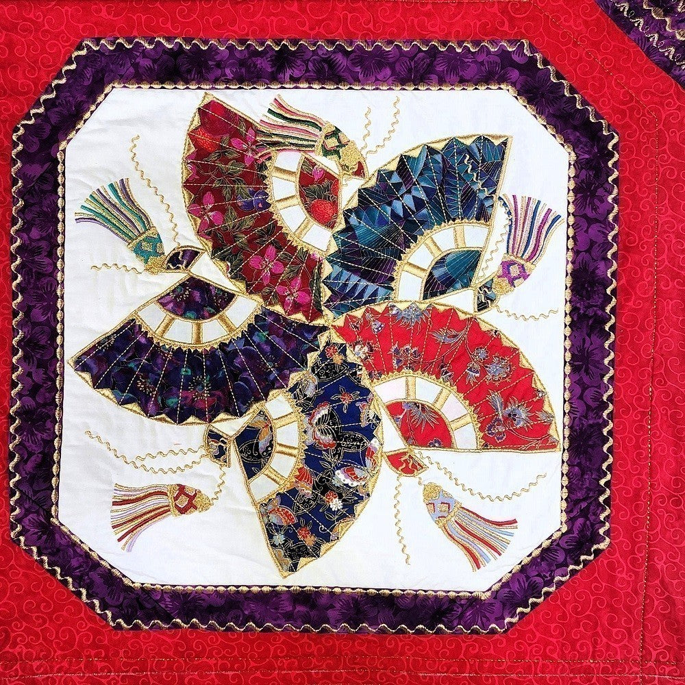 HOSHI SENSU (Star Fan) Embroidered Oriental Wall Hanging