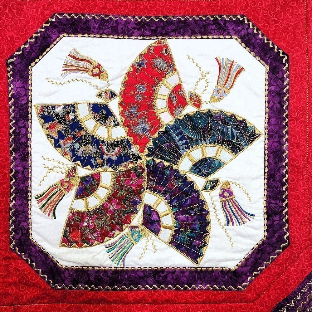 HOSHI SENSU (Star Fan) Embroidered Oriental Wall Hanging