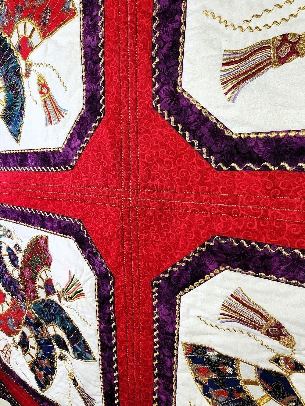HOSHI SENSU (Star Fan) Embroidered Oriental Wall Hanging