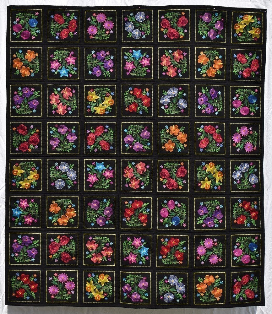 BLOOMING GARDEN 6 Floral Embroidered Wall Hanging / Quilt Throw