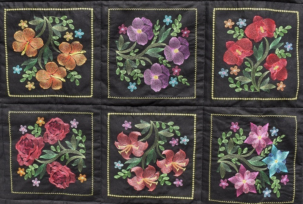 BLOOMING GARDEN 6 Floral Embroidered Wall Hanging / Quilt Throw