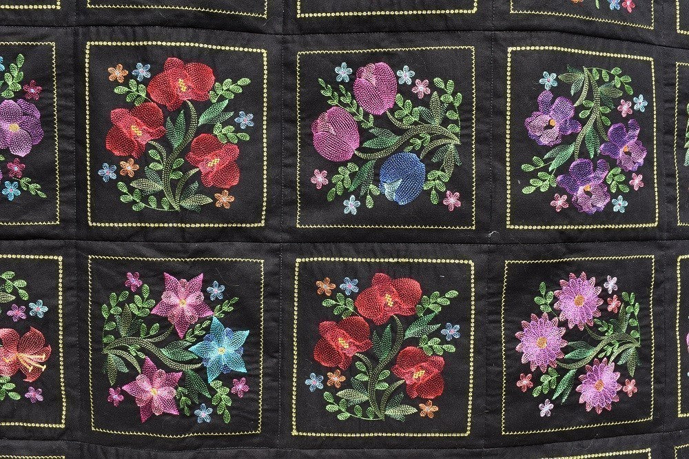 BLOOMING GARDEN 6 Floral Embroidered Wall Hanging / Quilt Throw