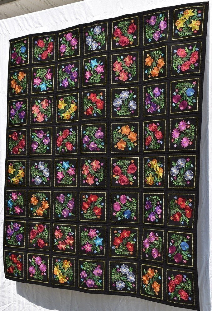 BLOOMING GARDEN 6 Floral Embroidered Wall Hanging / Quilt Throw