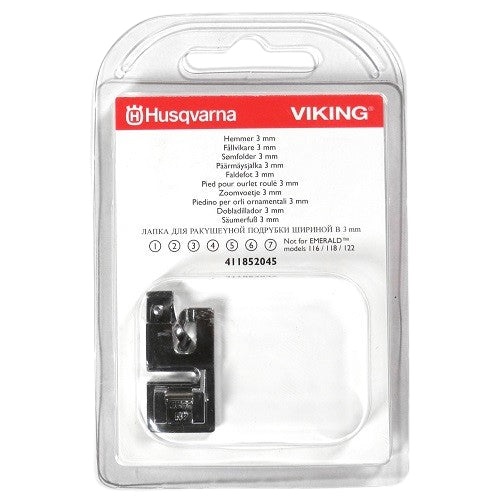 3mm Husqvarna Viking Shell Hemmer Foot packaged