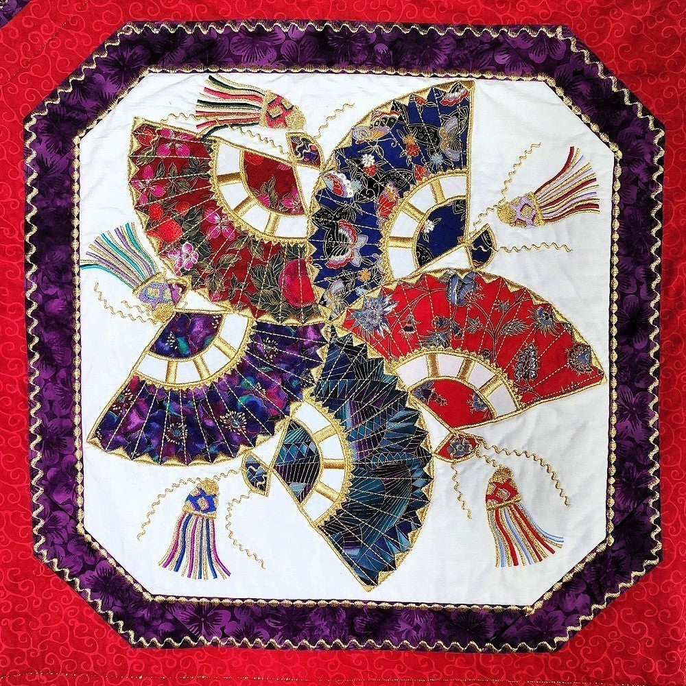 HOSHI SENSU (Star Fan) Embroidered Oriental Wall Hanging