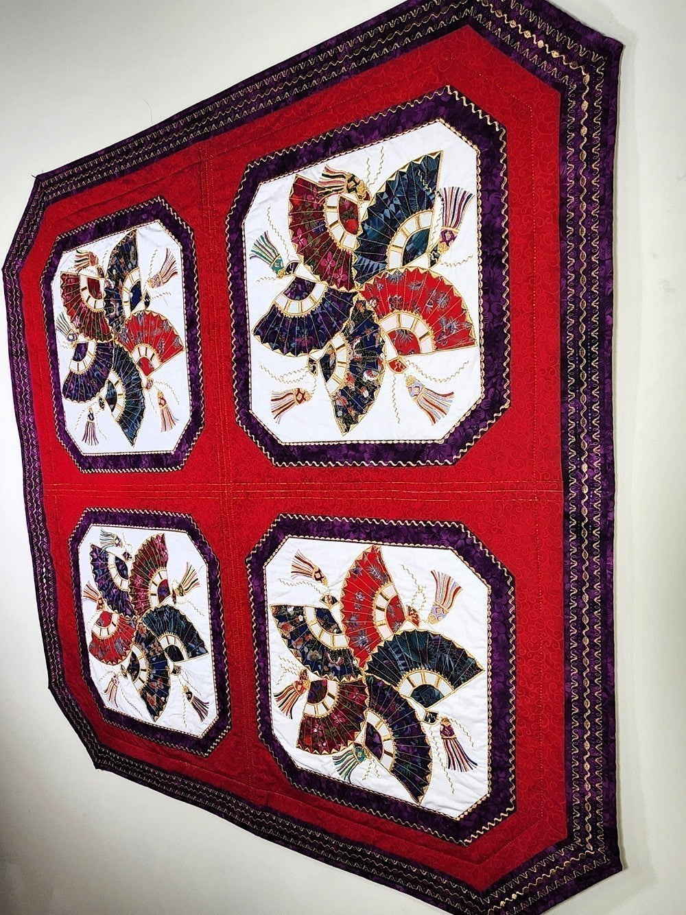 HOSHI SENSU (Star Fan) Embroidered Oriental Wall Hanging