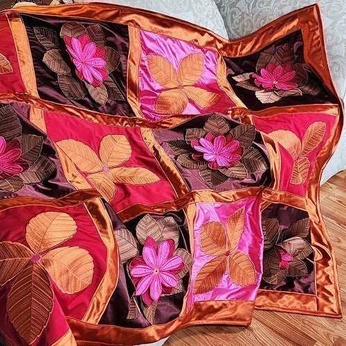 IN FULL BLOOM Three Dimensional Floral Satin Embroidered Throw