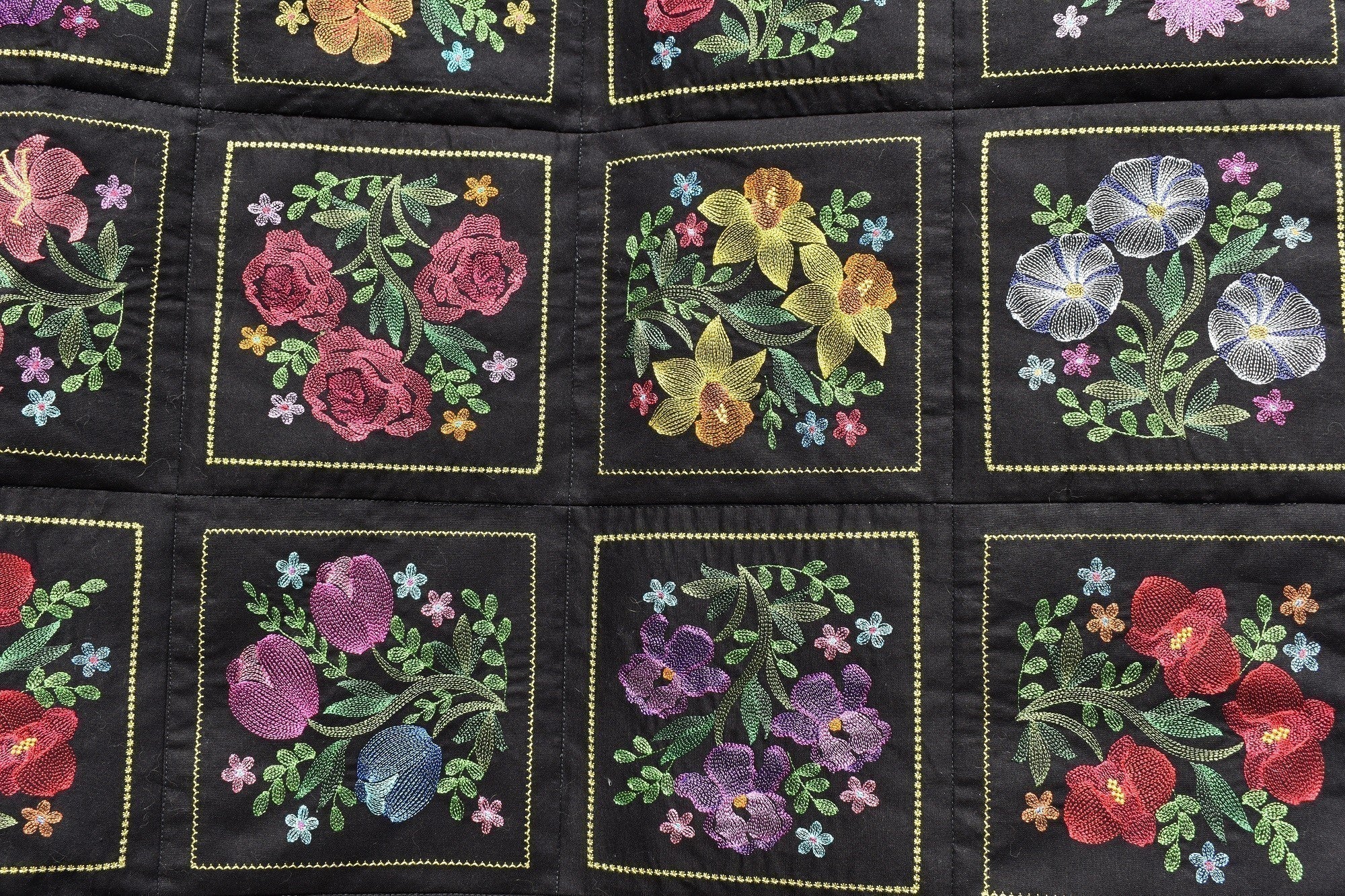 BLOOMING GARDEN 6 Floral Embroidered Wall Hanging / Quilt Throw