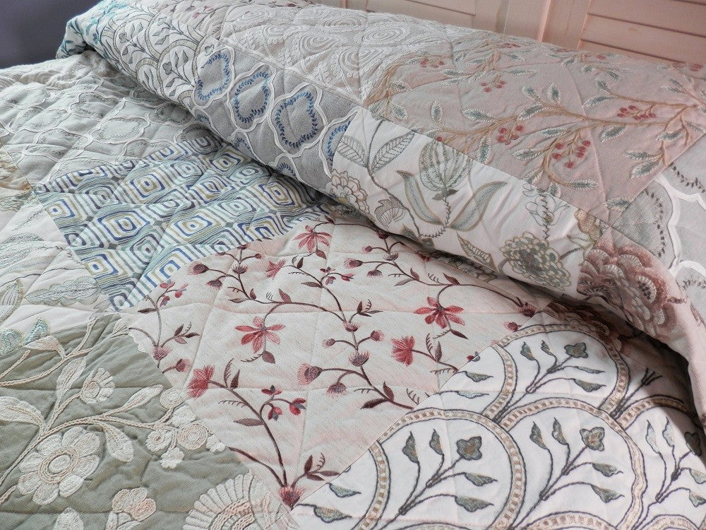 EMBROIDERED MUTED COLORS Designer King/Queen Bed Quilt