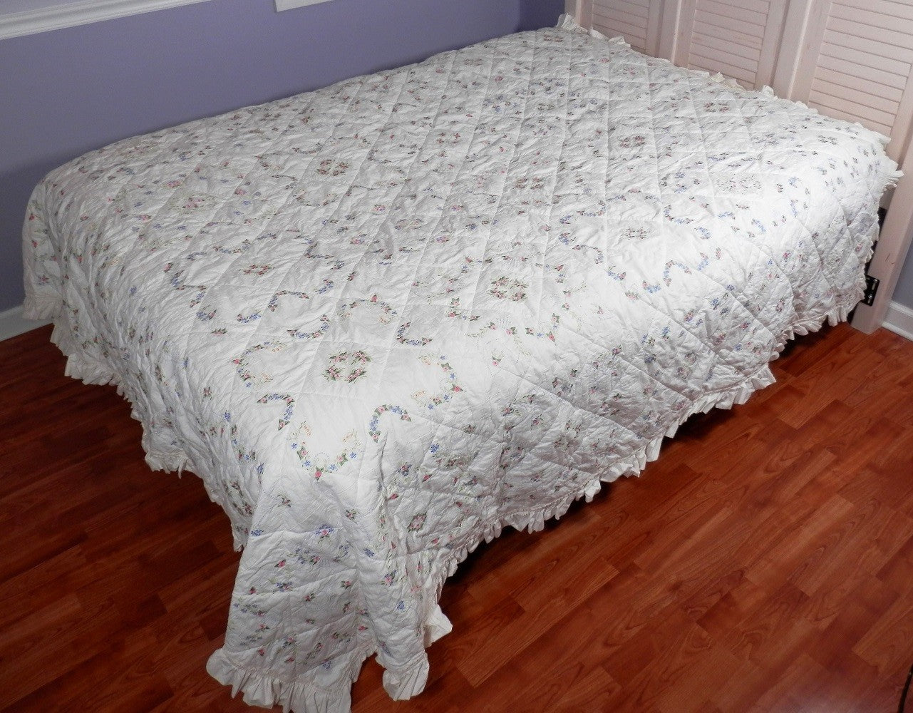 ANTIQUE PEARLY ROSE QUILT - Queen Size, Embroidered, Hand Made Heirloom, One Of A Kind Treasure