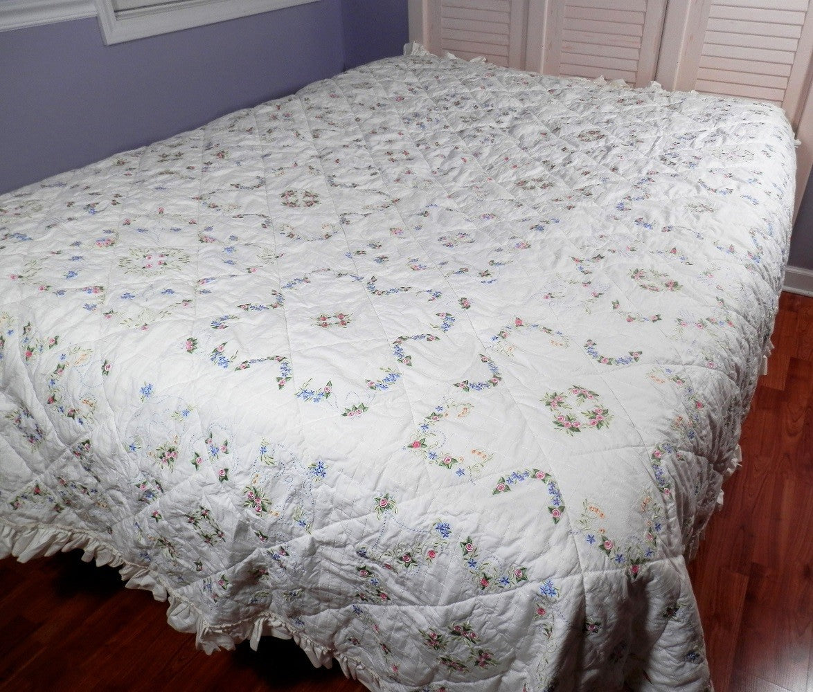 ANTIQUE PEARLY ROSE QUILT - Queen Size, Embroidered, Hand Made Heirloom, One Of A Kind Treasure
