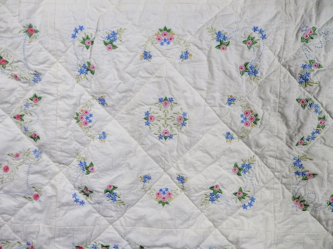 ANTIQUE PEARLY ROSE QUILT - Queen Size, Embroidered, Hand Made Heirloom, One Of A Kind Treasure