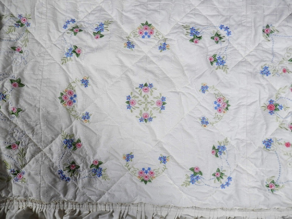 ANTIQUE PEARLY ROSE QUILT - Queen Size, Embroidered, Hand Made Heirloom, One Of A Kind Treasure
