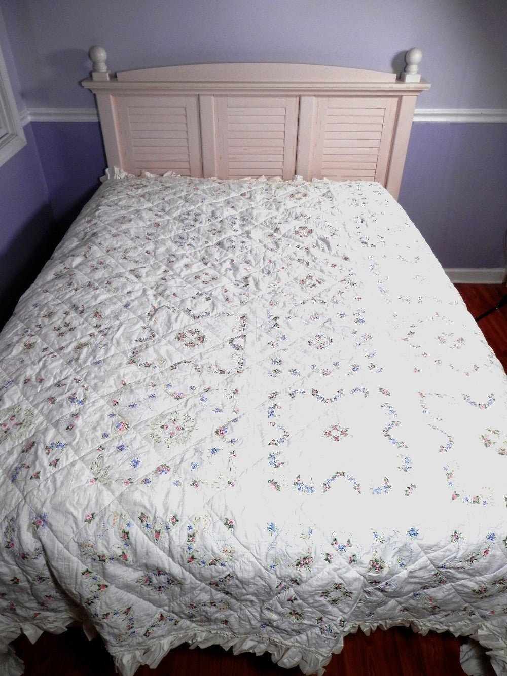 ANTIQUE PEARLY ROSE QUILT - Queen Size, Embroidered, Hand Made Heirloom, One Of A Kind Treasure