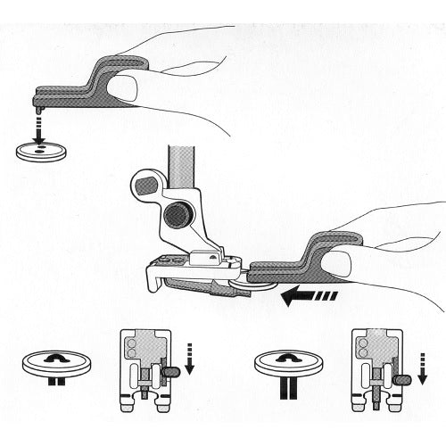 illustration instructions of using the Husqvarna Viking Button Foot with Placement Tool